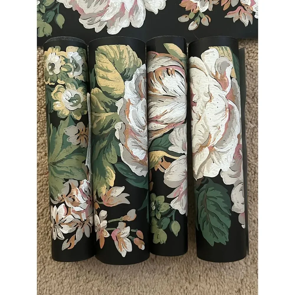 Vintage Floral Wallpaper border 21 YARDS, York, black w pink flowers
